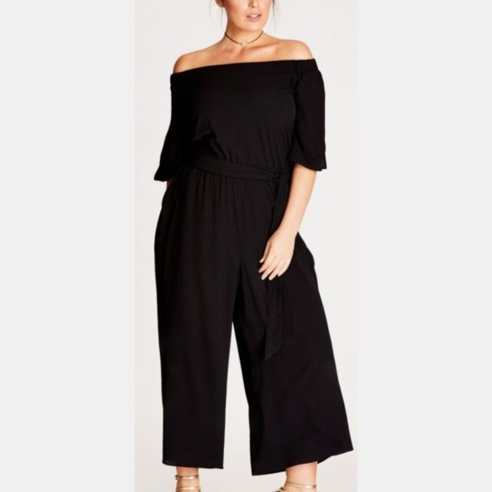 City Chic Off The Shoulder Wide Leg Jumpsuit Black Plus Size 22 NWT